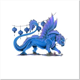 Fierce Blue Oriental Lion Dragon Posters and Art